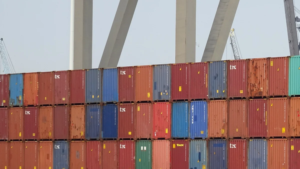 Containere maritime stivuite într-un terminal portuar (imagine ilustrativă, Portul Rotterdam, fără legătură cu persoanele sau firmele din anchetă)
