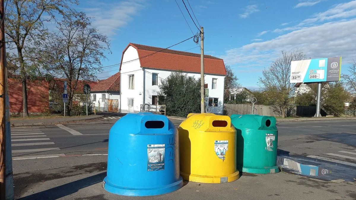 Trei containere colorate pentru colectare selectivă, albastru, galben și verde, la o intersecție (imagine ilustrativă, Sibiu, 2023, nu sunt eco-insule din Constanța)