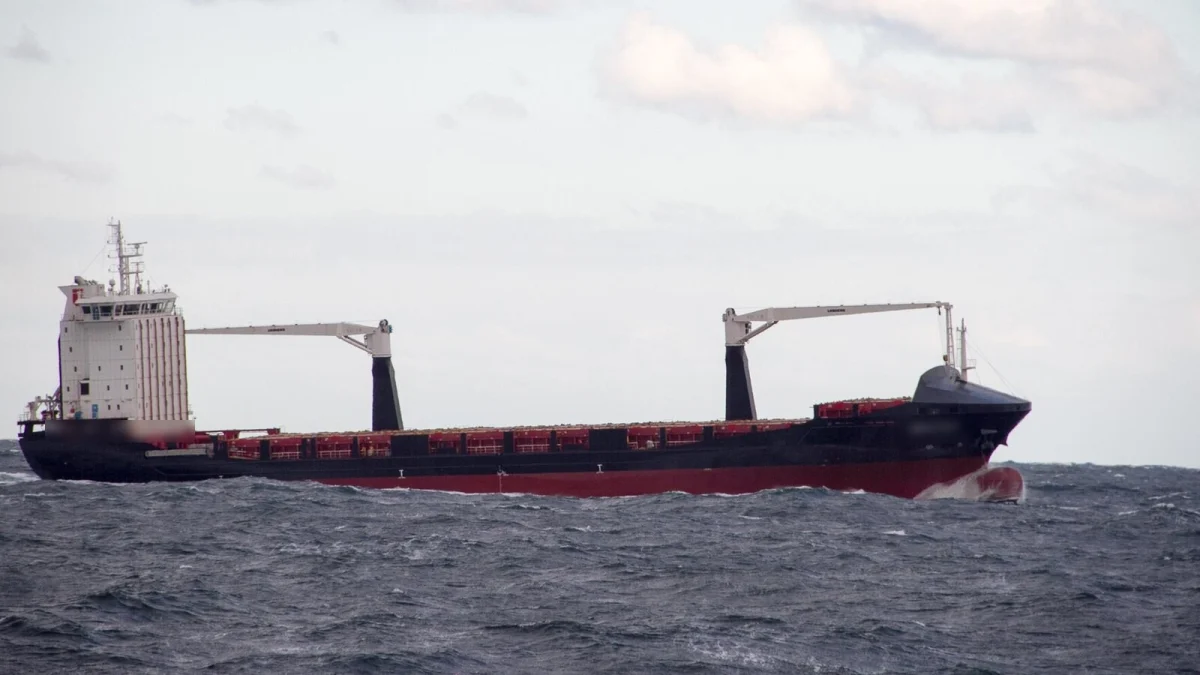 Navă de containere cu macarale proprii pe mare agitată, aproape de Constanța, cu numele de pe provă estompat (imagine ilustrativă, nu este nava Contship Jet)