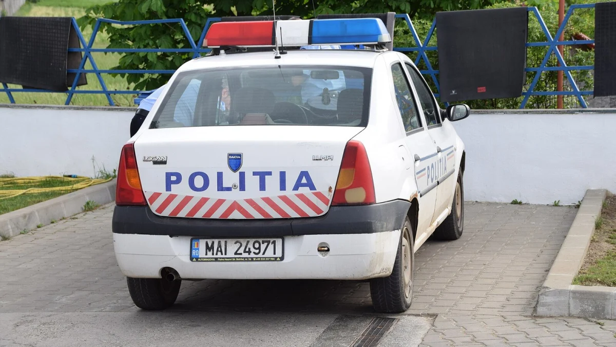Autospecială de poliție Dacia Logan, văzută din spate, cu inscripția „Poliția”