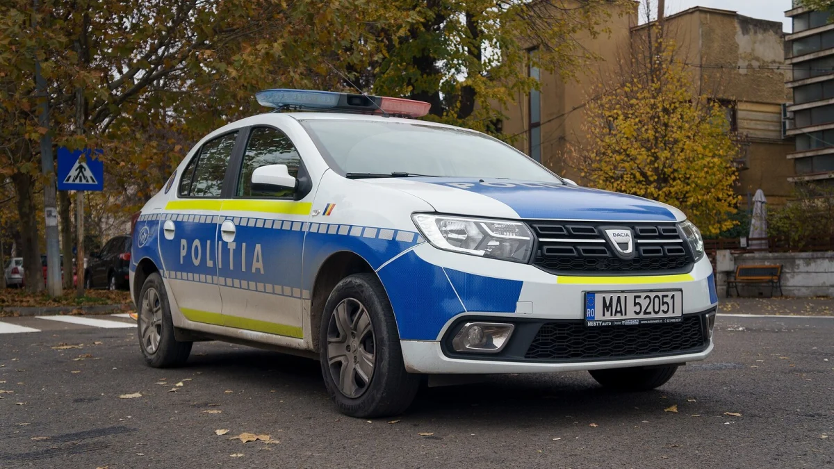 Autoturism Dacia Logan al Poliției Române, în culorile albastru și galben, parcat pe o stradă cu frunze de toamnă (imagine ilustrativă, nu este din județul Constanța)