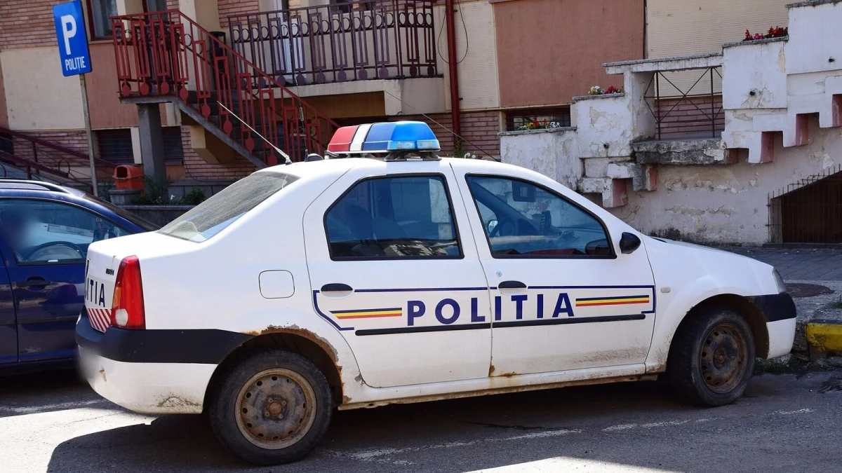 Autoturism alb al Poliției Române, parcat lângă un bloc, cu girofar albastru și roșu (imagine ilustrativă)
